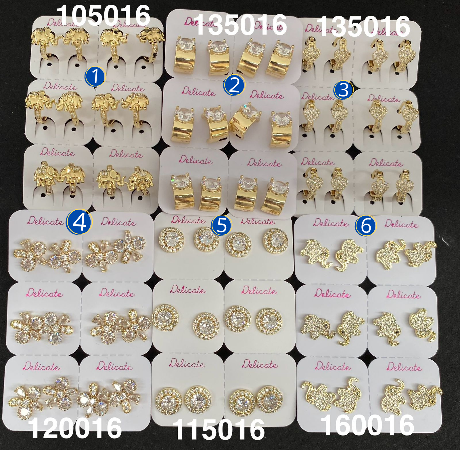 Paquete de 6 pares de aretes dorados M35 Oro Laminado