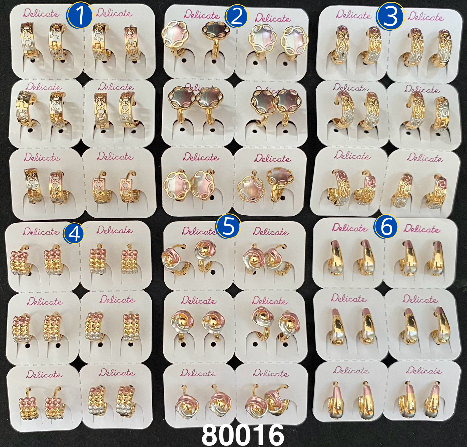 Paquete de 6 pares de Aretes Dorados M12 Oro Laminado