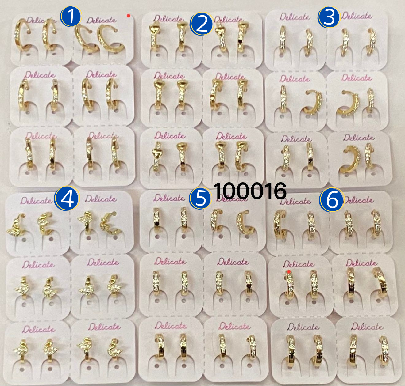 Paquete de 6 pares de Aretes Dorados M4 Oro Laminado