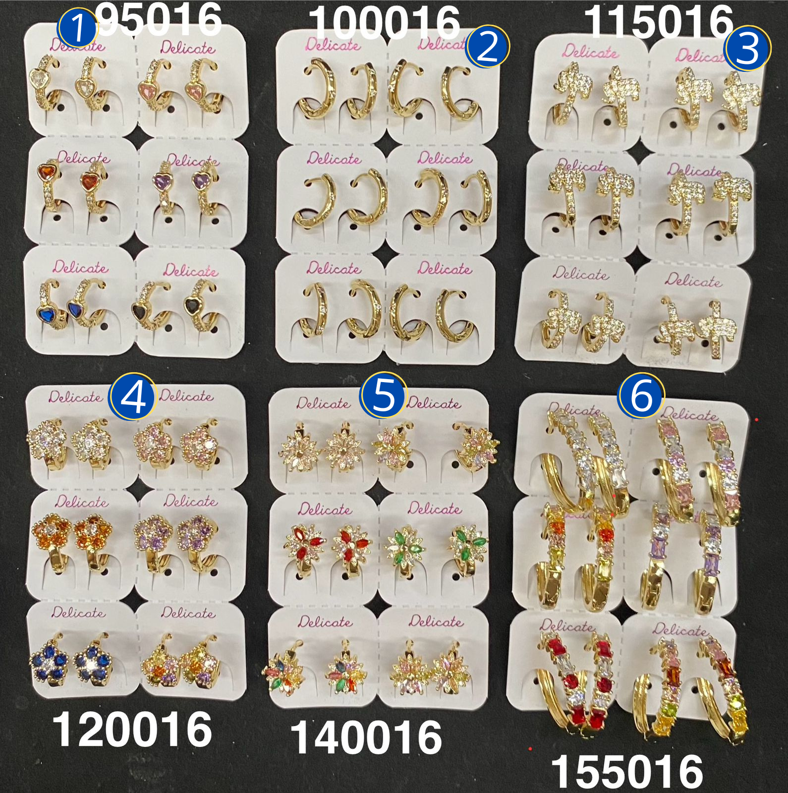 Paquete de 6 pares de Aretes Dorados M13 Oro Laminado