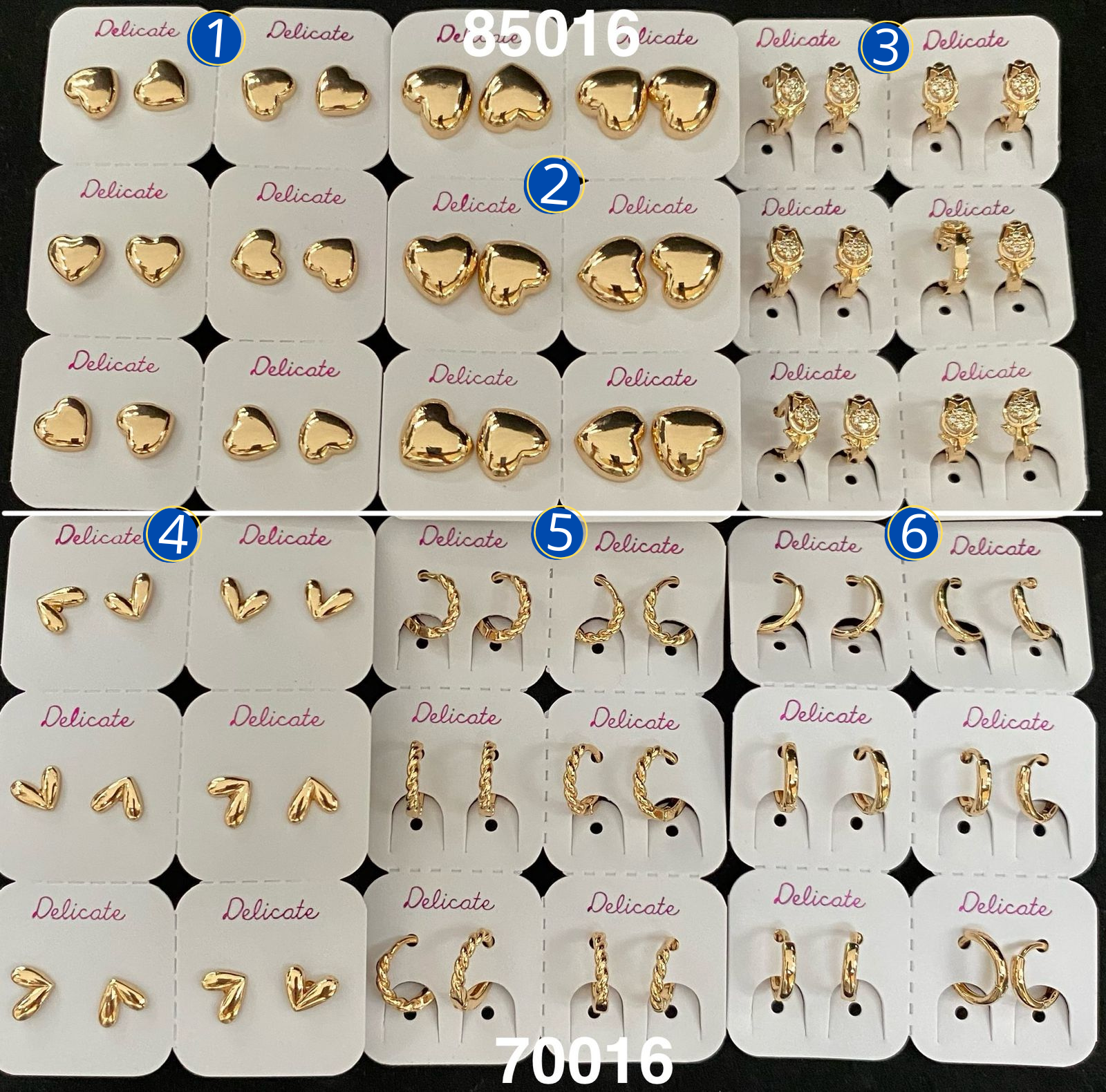 Paquete de 6 pares de aretes dorados M24 Oro Laminado
