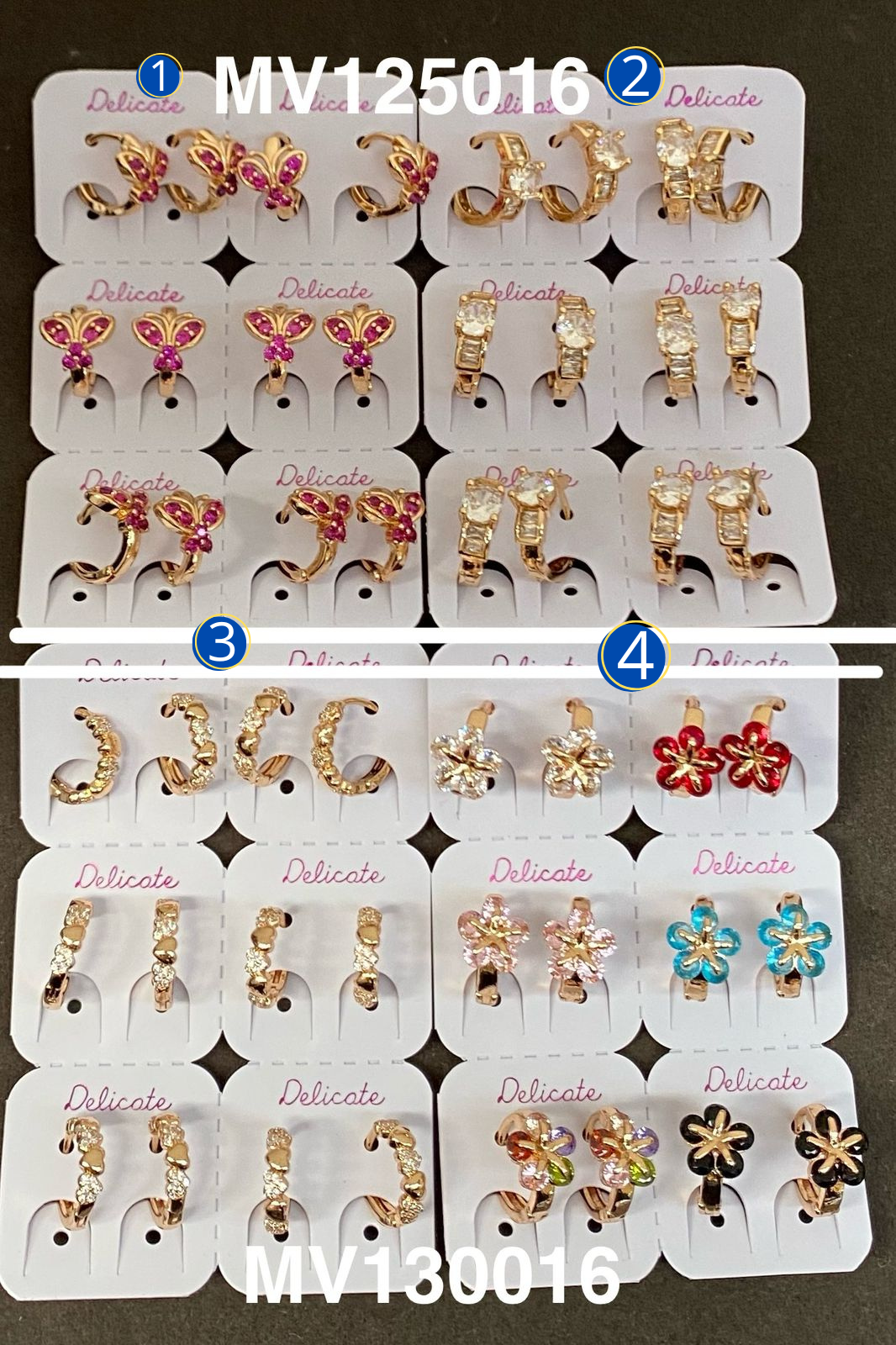 Paquete de 6 pares de Aretes Dorados con Piedras M2 Oro Laminado 02/03/26
