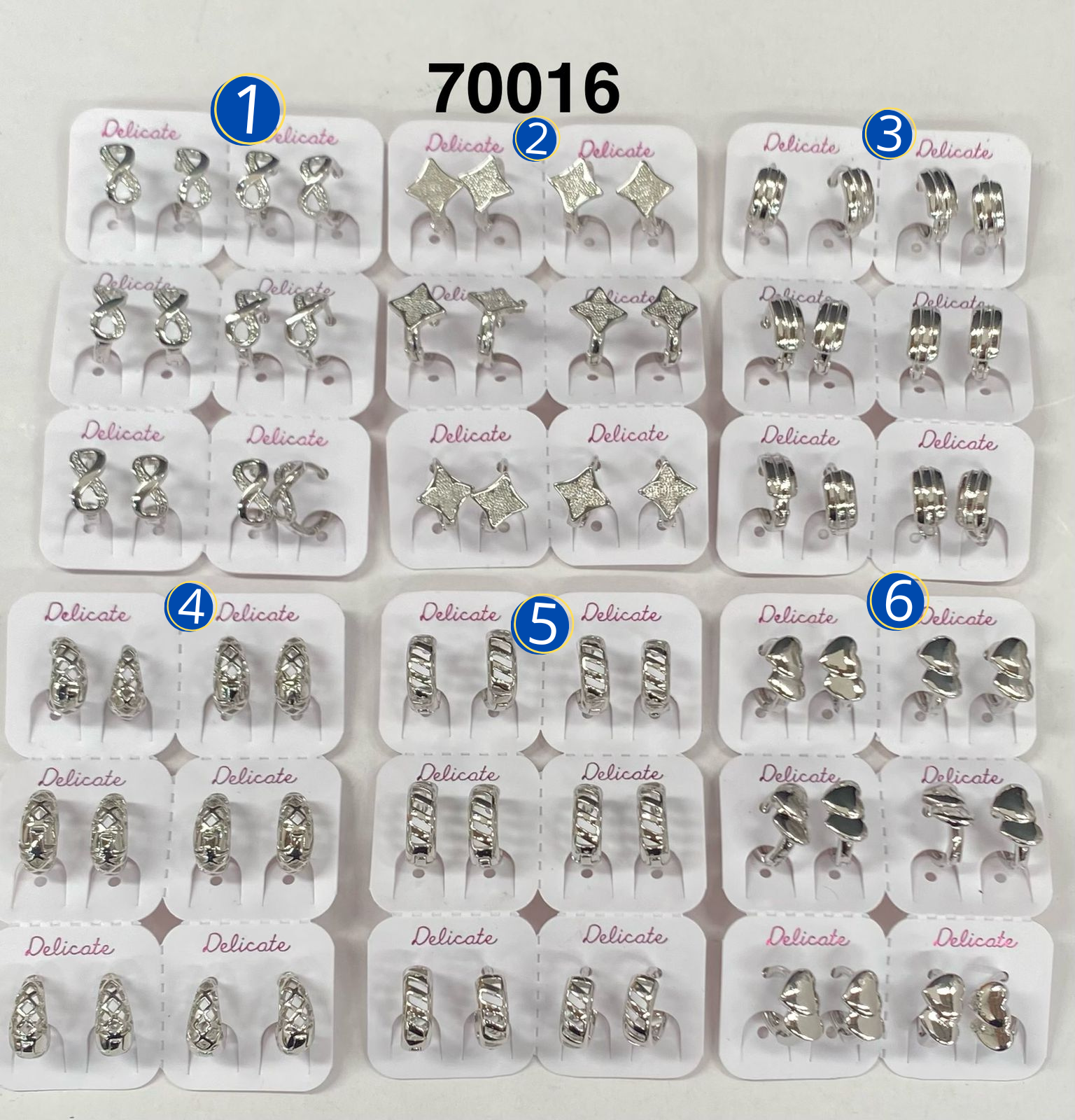Paquete de 6 pares de Aretes Plateados M29 Oro Laminado
