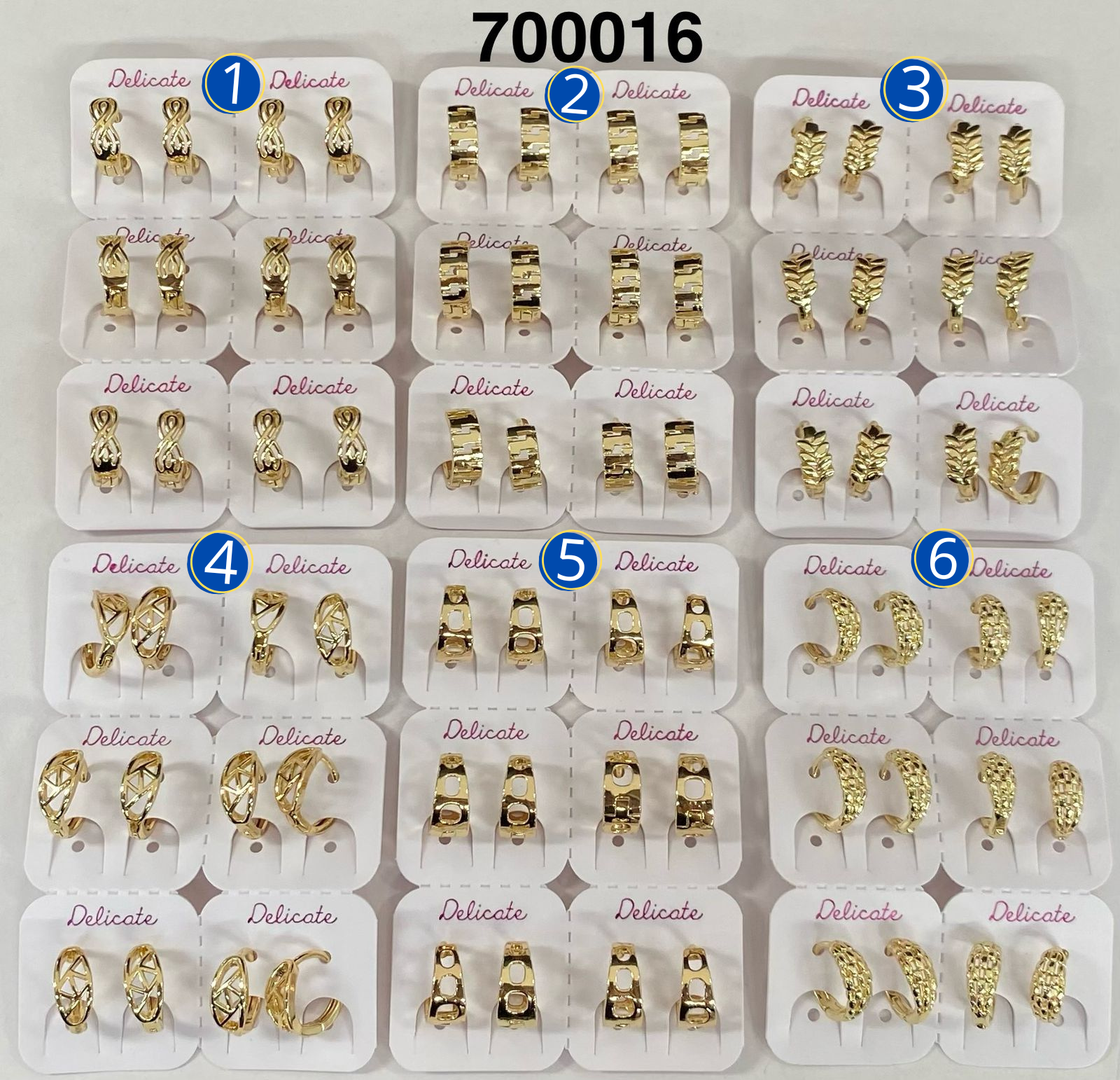 Paquete de 6 pares de Aretes Dorados M50 Oro Laminado