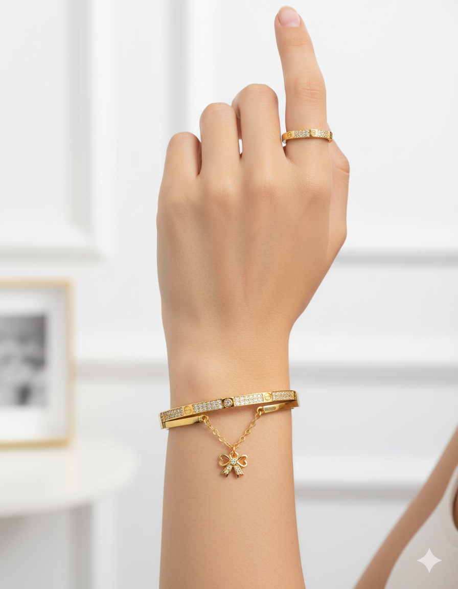 Conjunto Dorado De Brazalete y Anillo M15 Oro Laminado