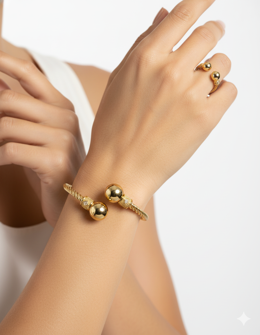 Conjunto Dorado De Brazalete y Anillo M3 Oro Laminado