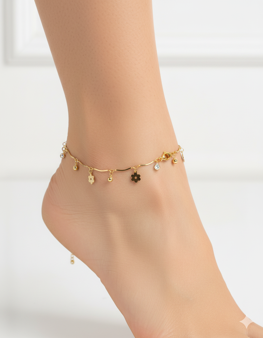 Tobilleras con dijes de flores M10 Oro Laminado
