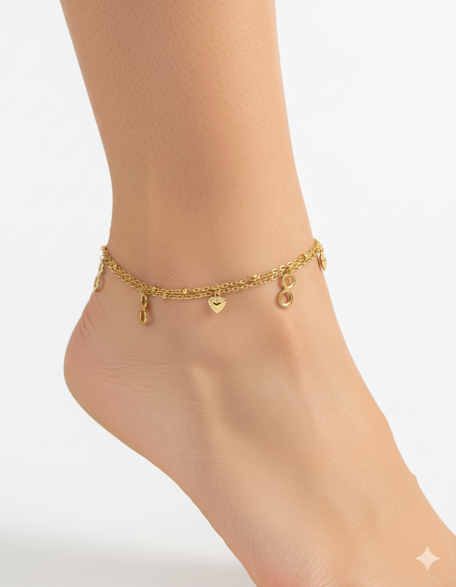 Tobilleras con dijes de corazones e infinito M17 Oro Laminado