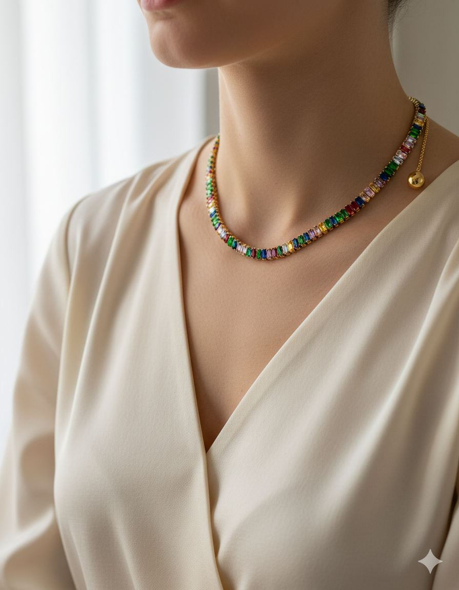 Collar de Cristales Multicolor M2 Oro Laminado