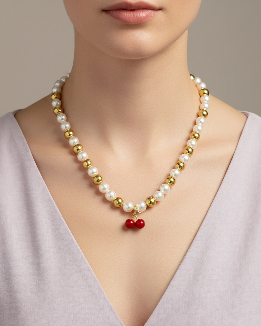 Collar de Perlas con dije de Fruta M6 - Oro laminado