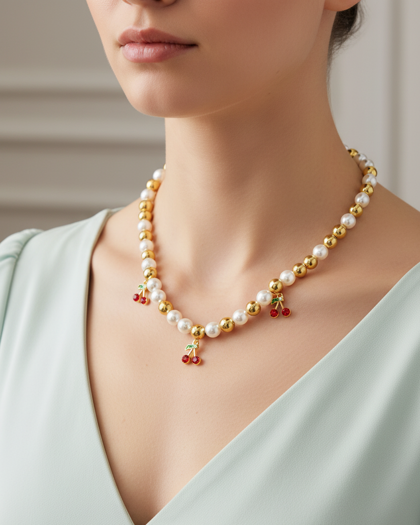 Collar de Perlas con dije de Fruta M7 - Oro laminado