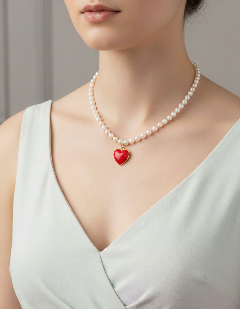 Collar de Perlas con dije de Corazón M2- Oro laminado