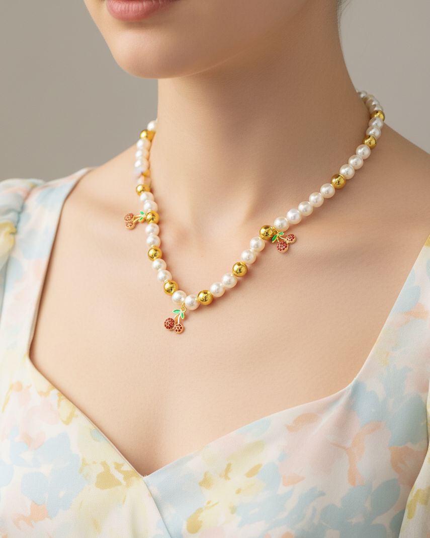Collar de Perlas con dije de Fruta M8 - Oro laminado