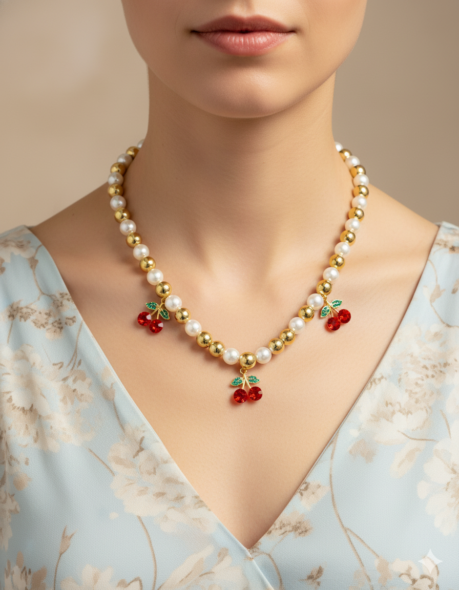 Collar de Perlas con dije de Fruta M9 - Oro laminado