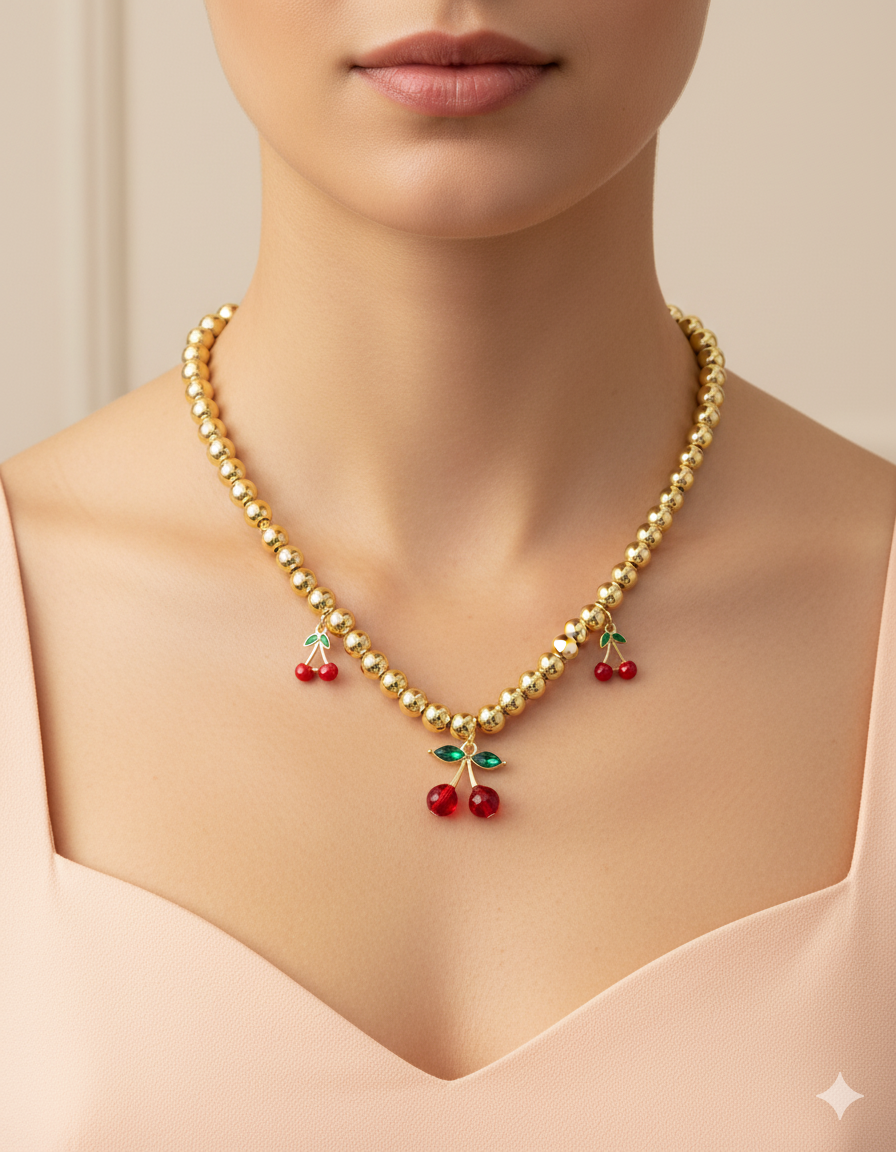 Collar de Perlas con dije de Fruta M10 - Oro laminado
