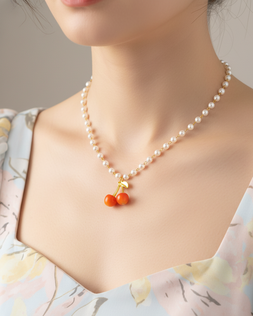 Collar de Perlas con dije de Fruta M4 - Oro laminado