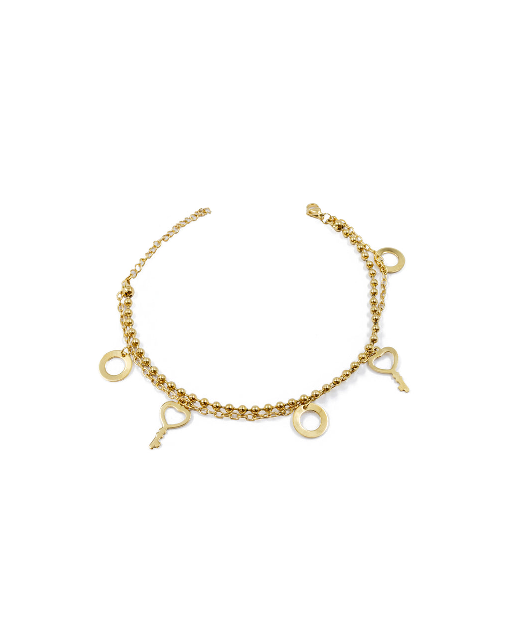Tobilleras con dijes de circulos y llaves de corazon M23 Oro Laminado