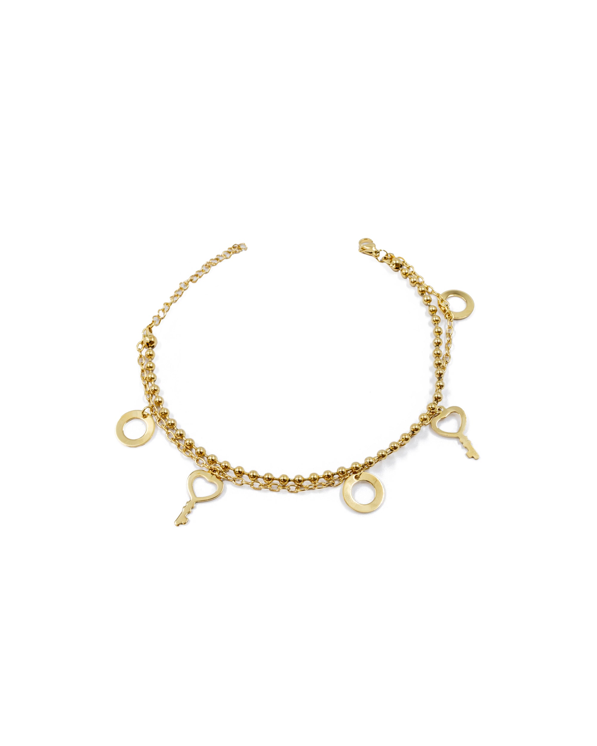 Tobilleras con dijes de circulos y llaves de corazon M23 Oro Laminado