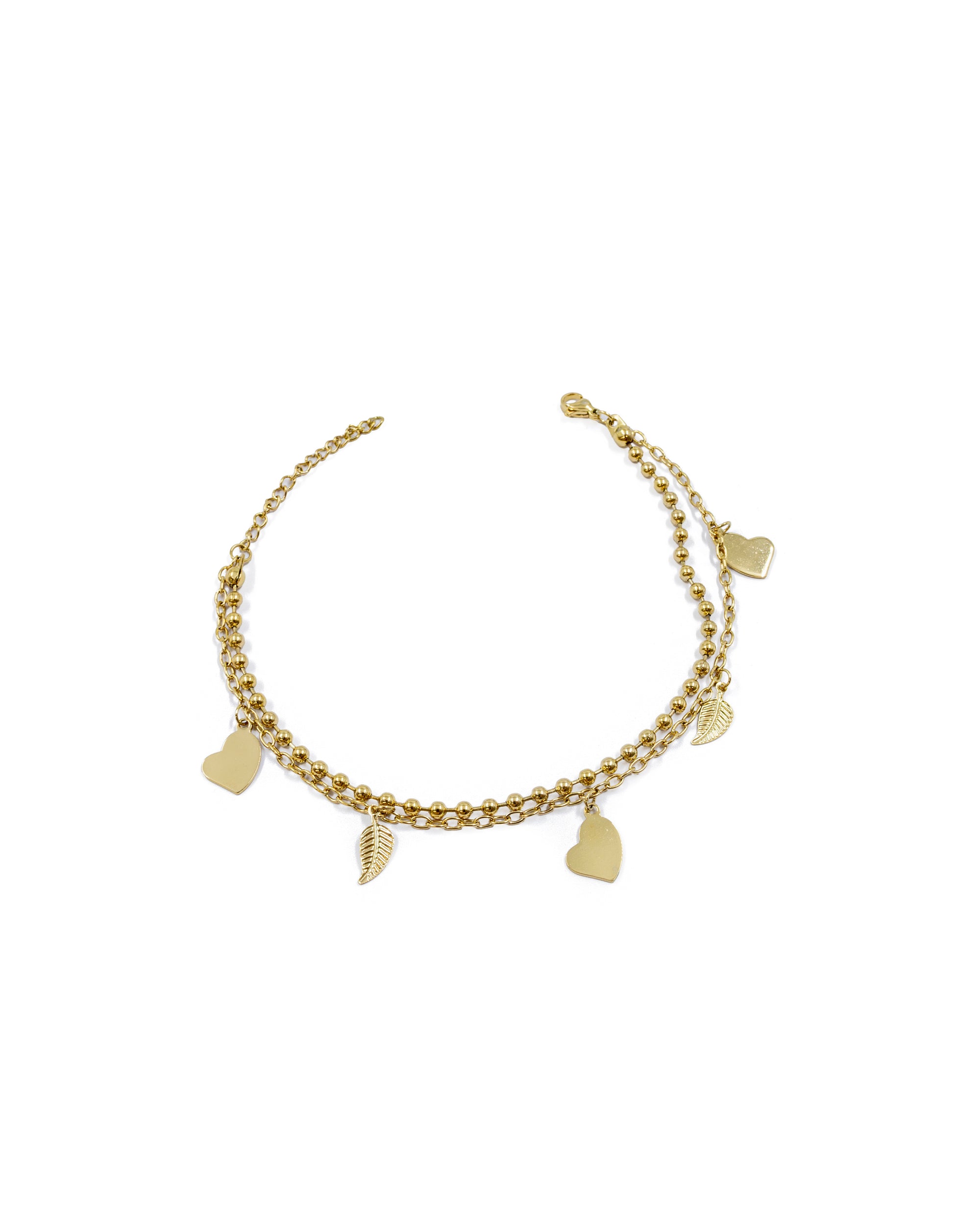 Tobilleras con dijes de corazones y hojas M27 Oro Laminado