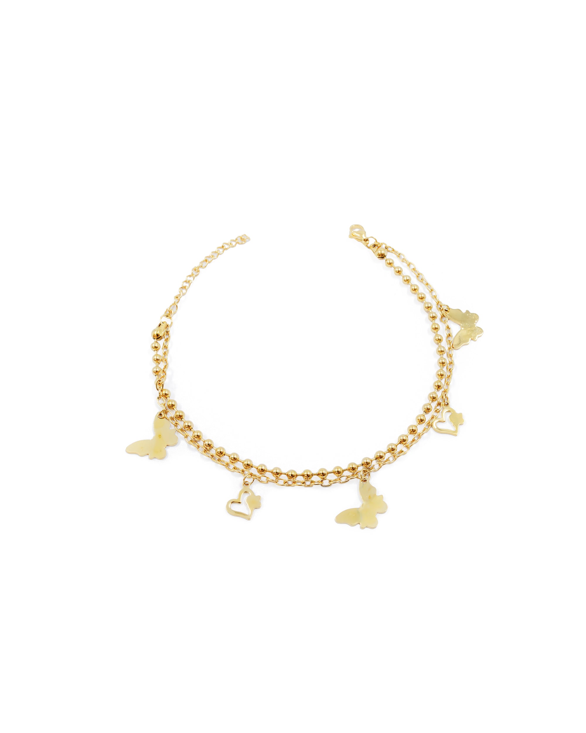 Tobilleras con dijes de corazon y mariposas M30 Oro Laminado