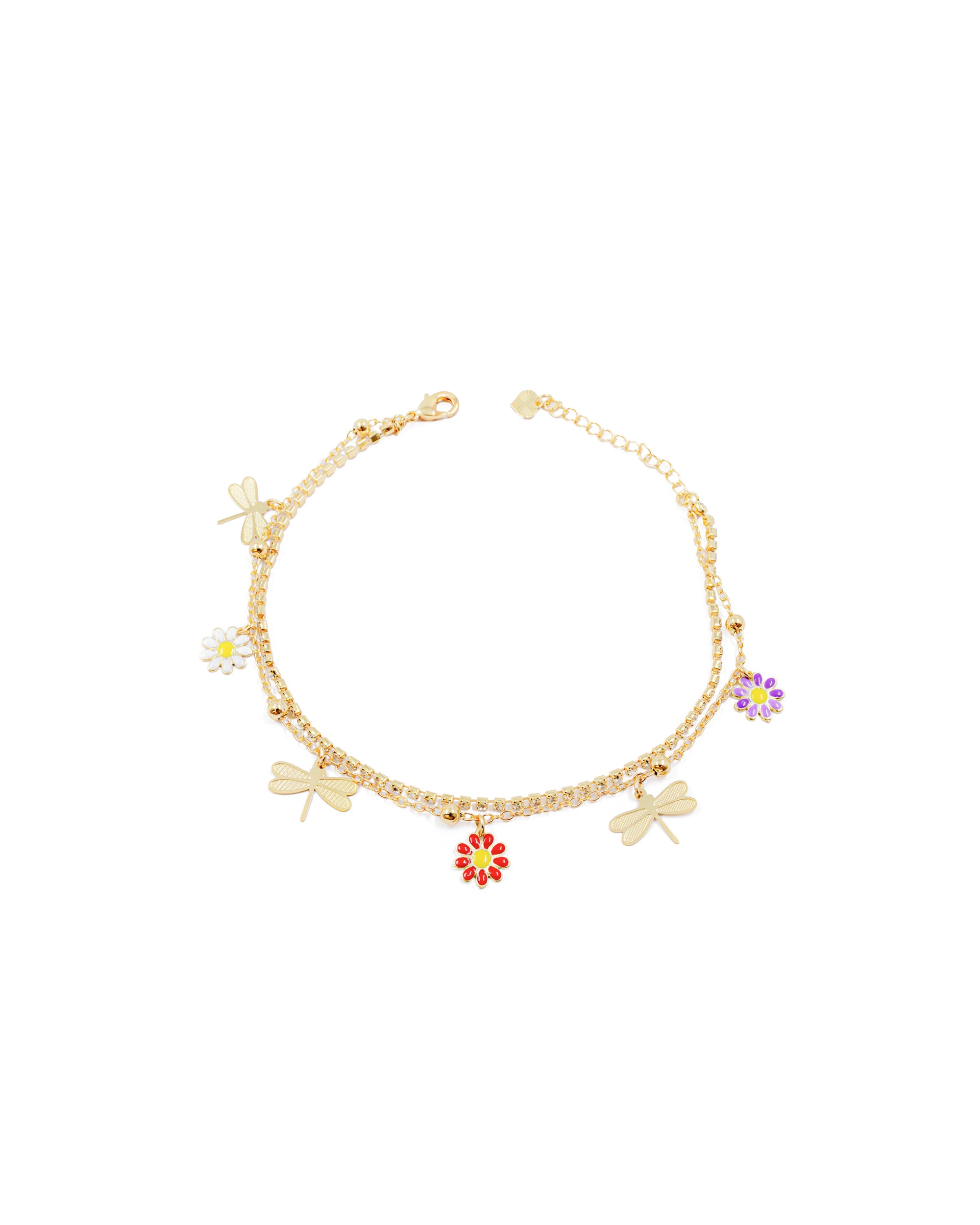 Tobilleras con dijes de flores y libelulas M45 Oro Laminado