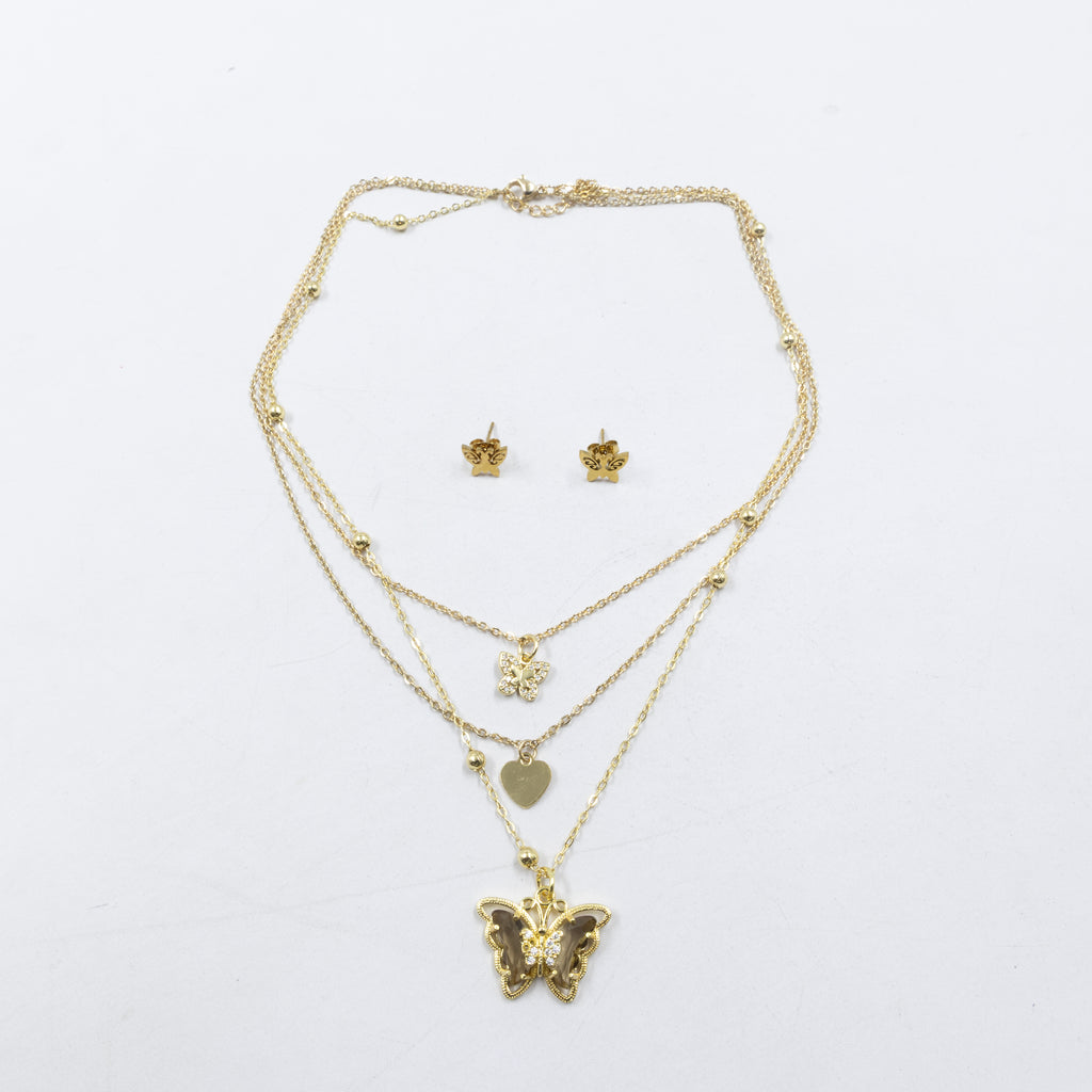 Conjuntos de la Caja 01 cadena triple y aretes de mariposa M1 Acero Inoxidable
