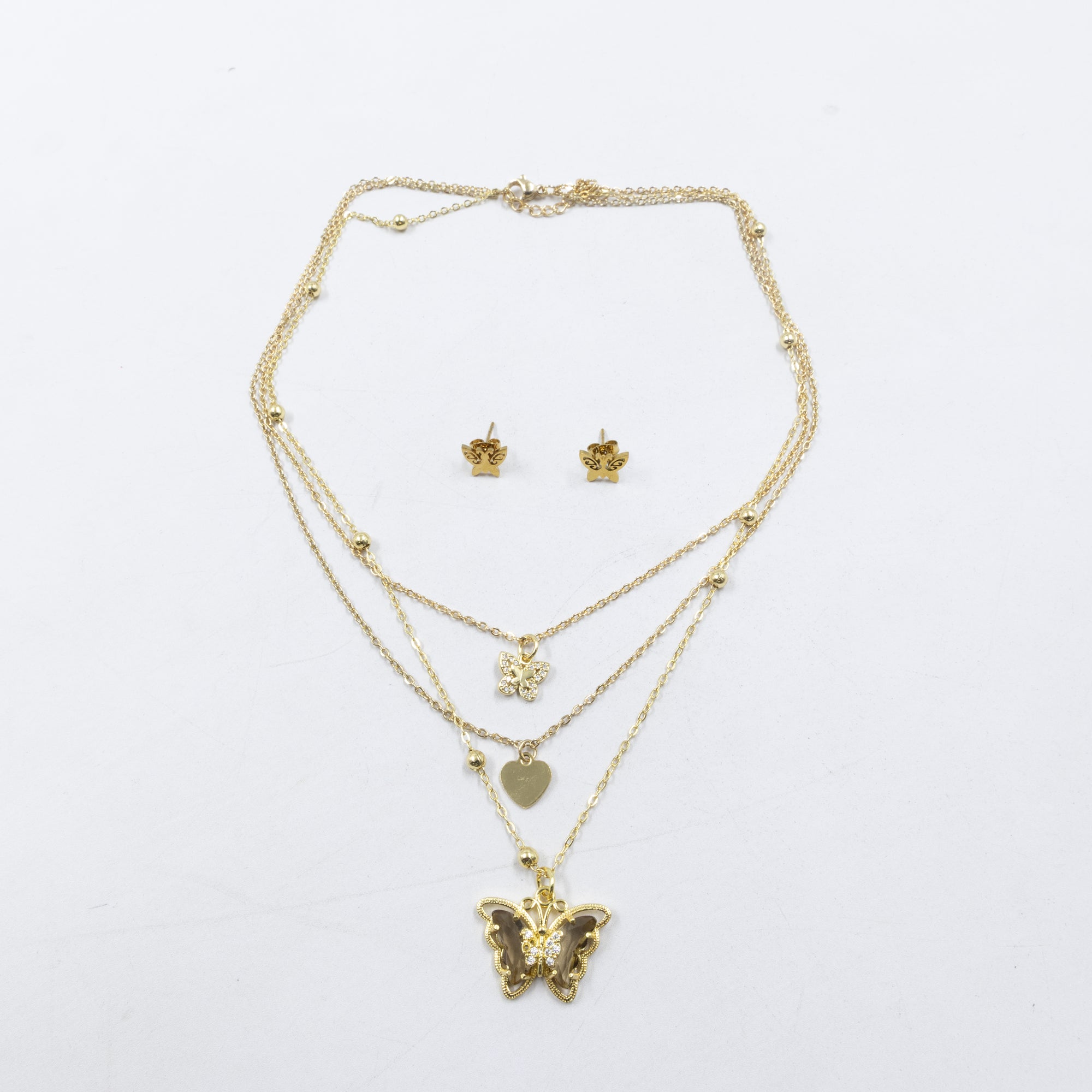 Conjuntos de la Caja 01 cadena triple y aretes de mariposa M1 Acero Inoxidable