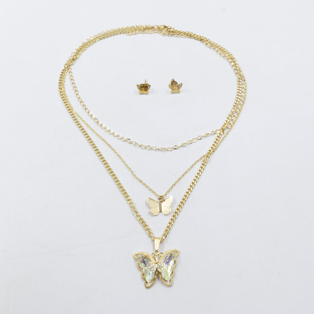 Conjuntos de la Caja 01 cadena triple y aretes de mariposa M2 Acero Inoxidable