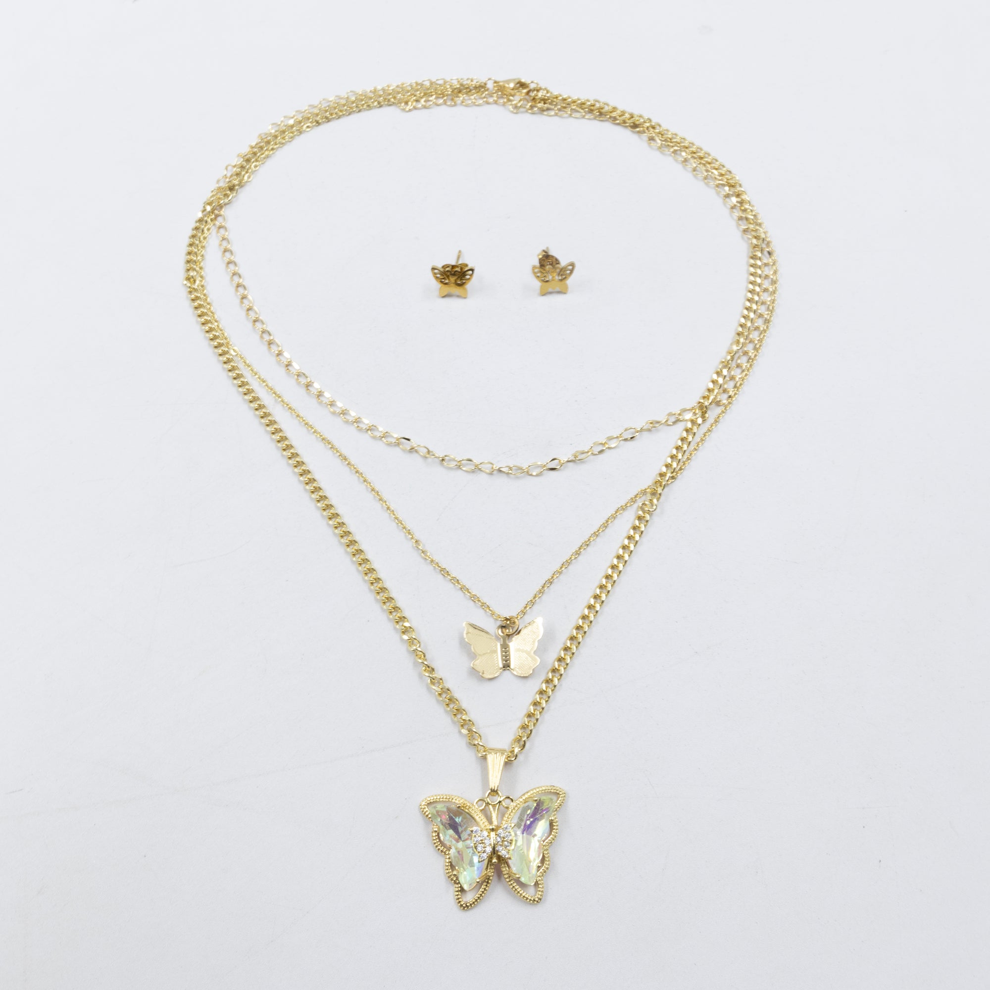 Conjuntos de la Caja 01 cadena triple y aretes de mariposa M2 Acero Inoxidable