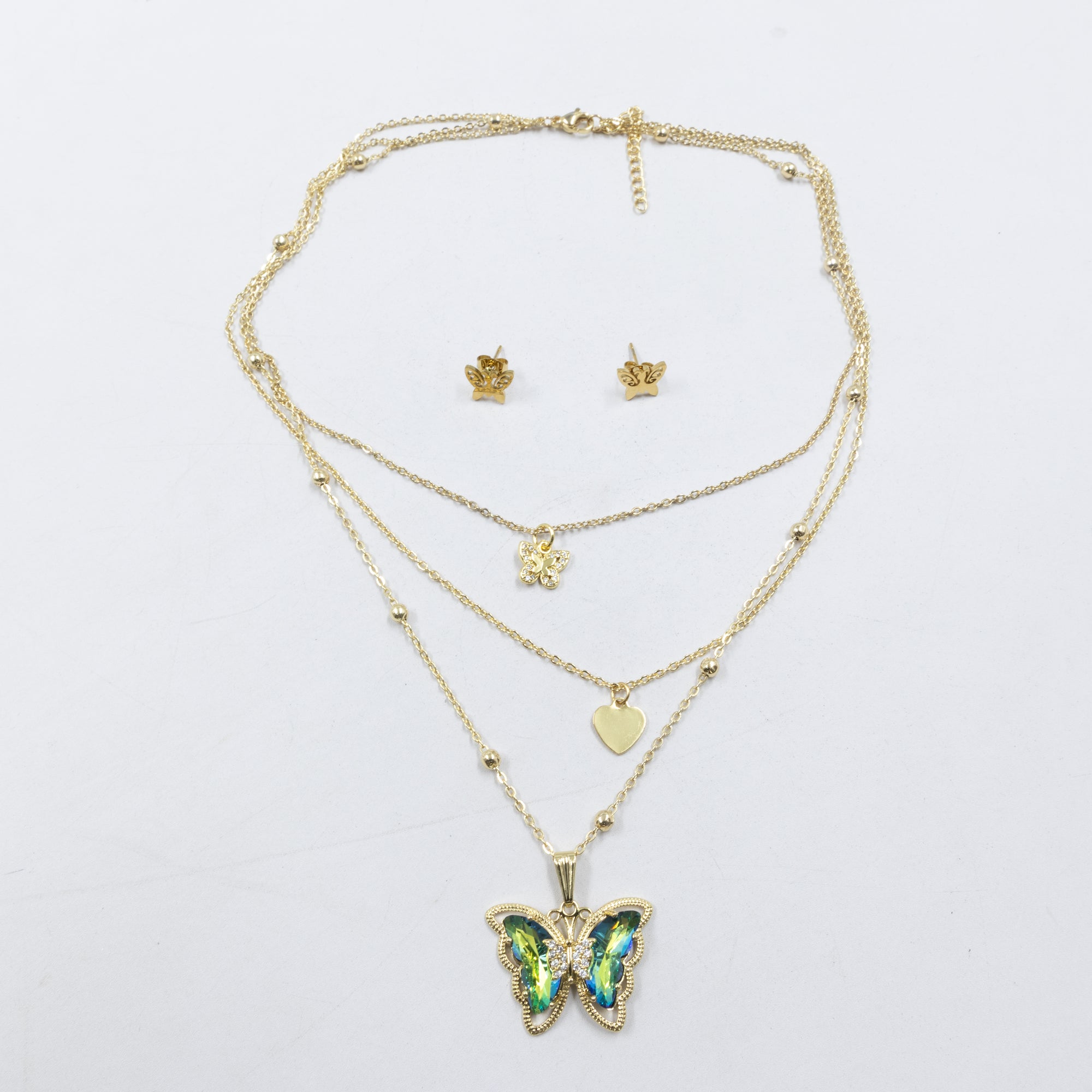 Conjuntos de la Caja 01 cadena triple y aretes de mariposa M1 Acero Inoxidable