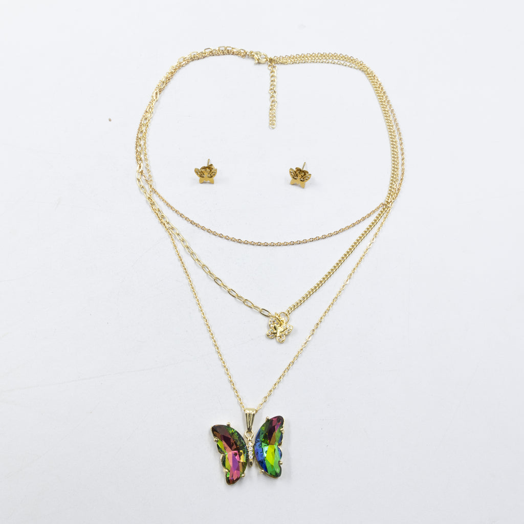 Conjuntos de la Caja 01 cadena triple y aretes de mariposa M3 Acero Inoxidable