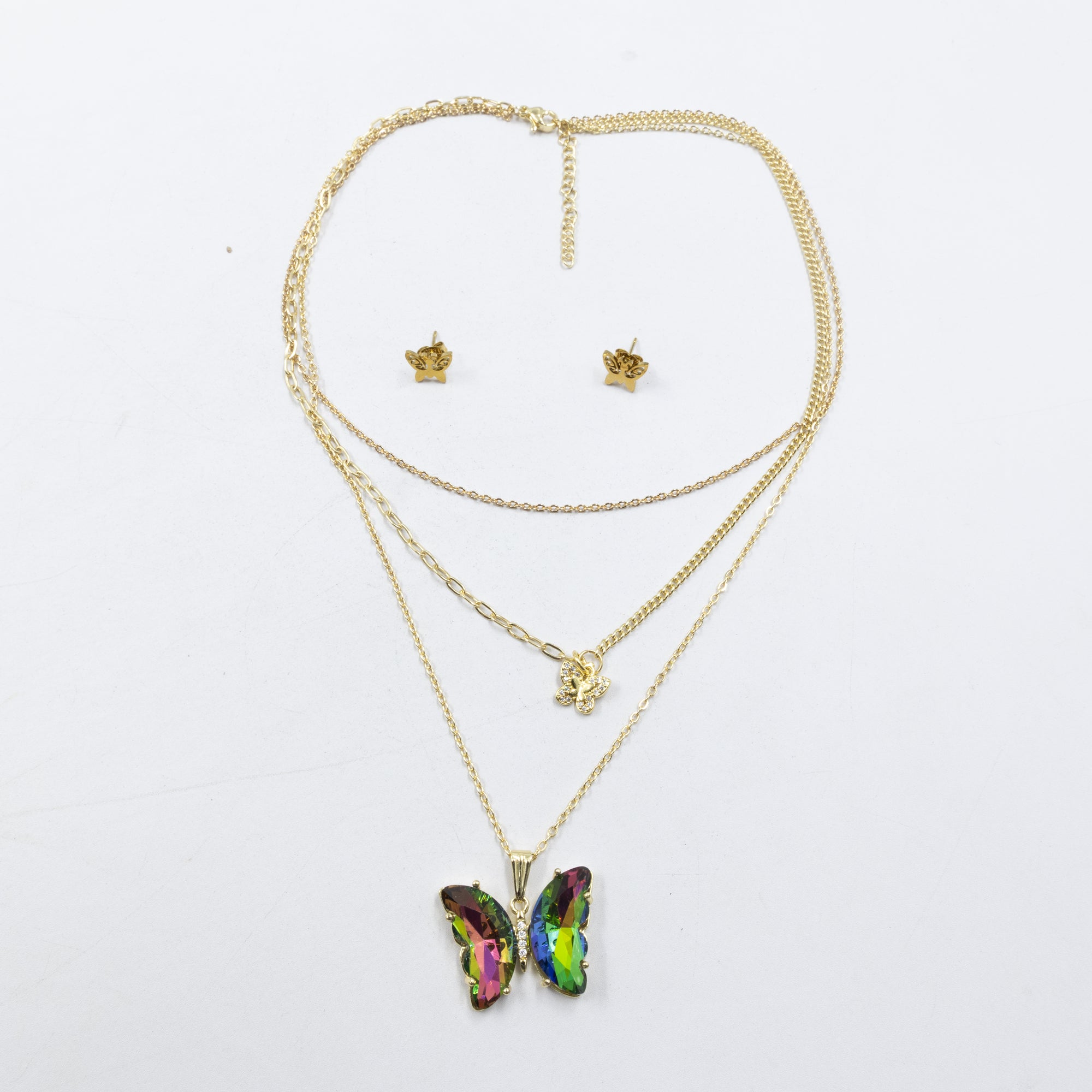 Conjuntos de la Caja 01 cadena triple y aretes de mariposa M3 Acero Inoxidable