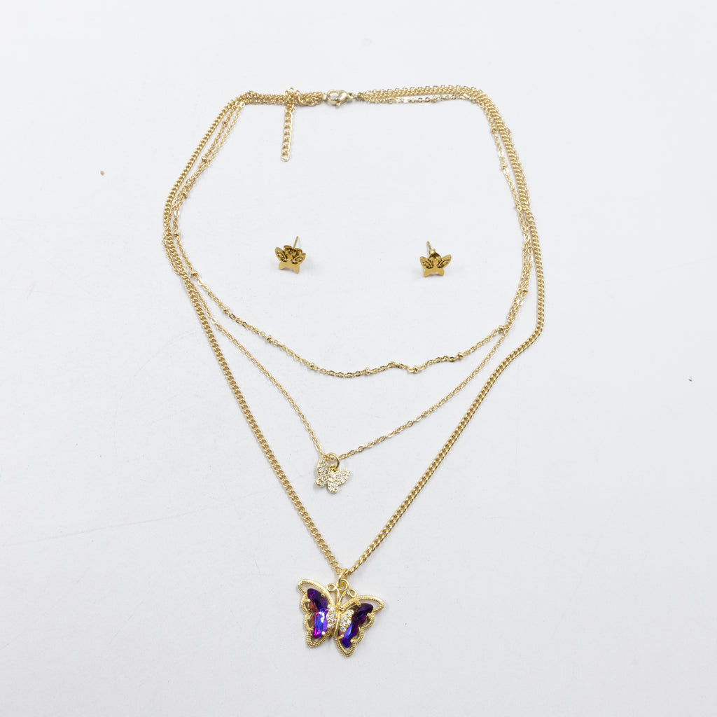 Conjuntos de la Caja 01 cadena triple y aretes de mariposa M3 Acero Inoxidable
