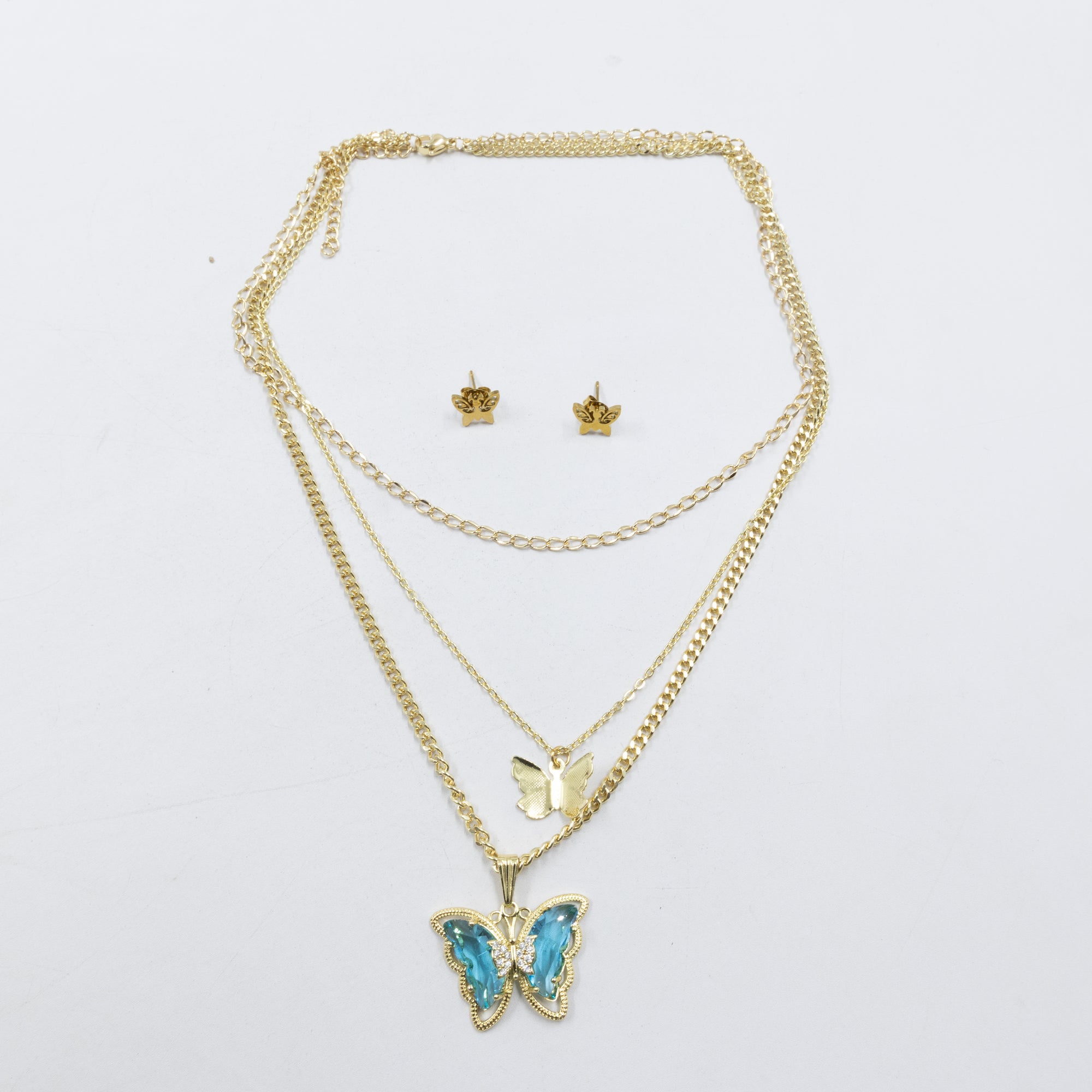 Conjuntos de la Caja 01 cadena triple y aretes de mariposa M2 Acero Inoxidable