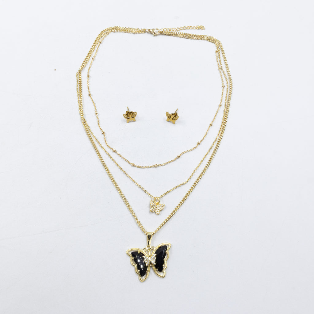 Conjuntos de la Caja 01 cadena triple y aretes de mariposa M3 Acero Inoxidable