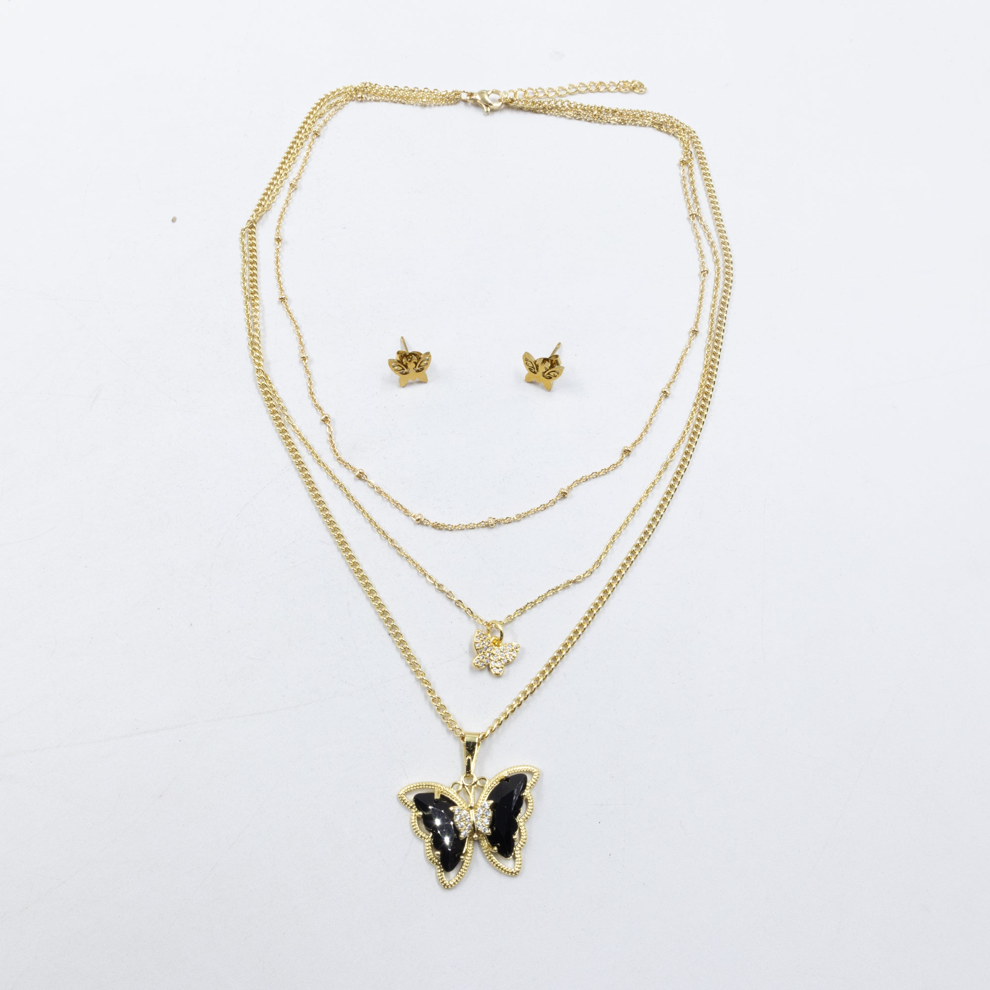 Conjuntos de la Caja 01 cadena triple y aretes de mariposa M3 Acero Inoxidable