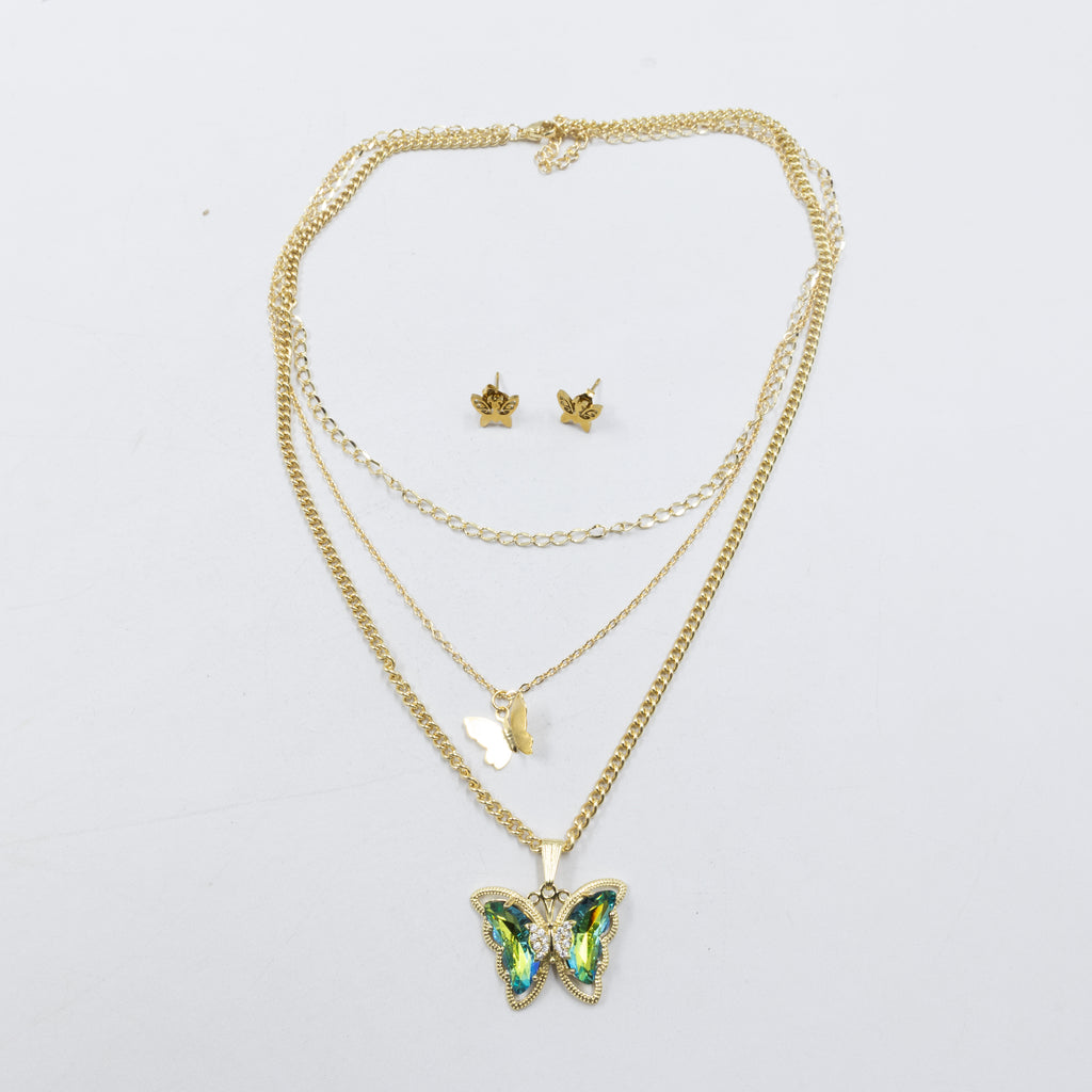 Conjuntos de la Caja 01 cadena triple y aretes de mariposa M2 Acero Inoxidable