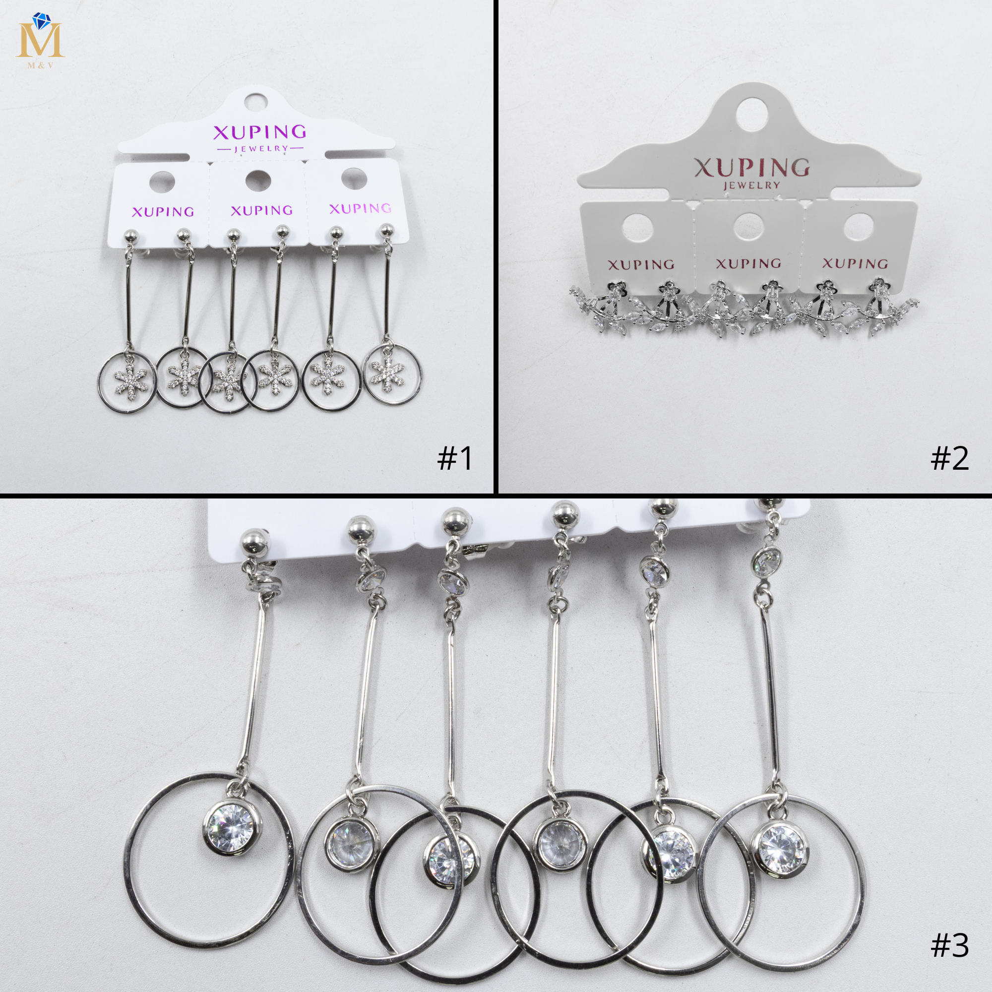 Paquete de tres pares de Aretes Plateados Xuping con piedras M4 Oro Laminado