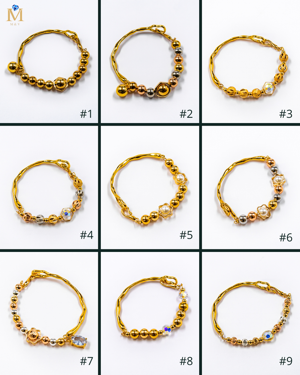 Pulsera rigida con cuentas y dije - M2 Oro Laminado