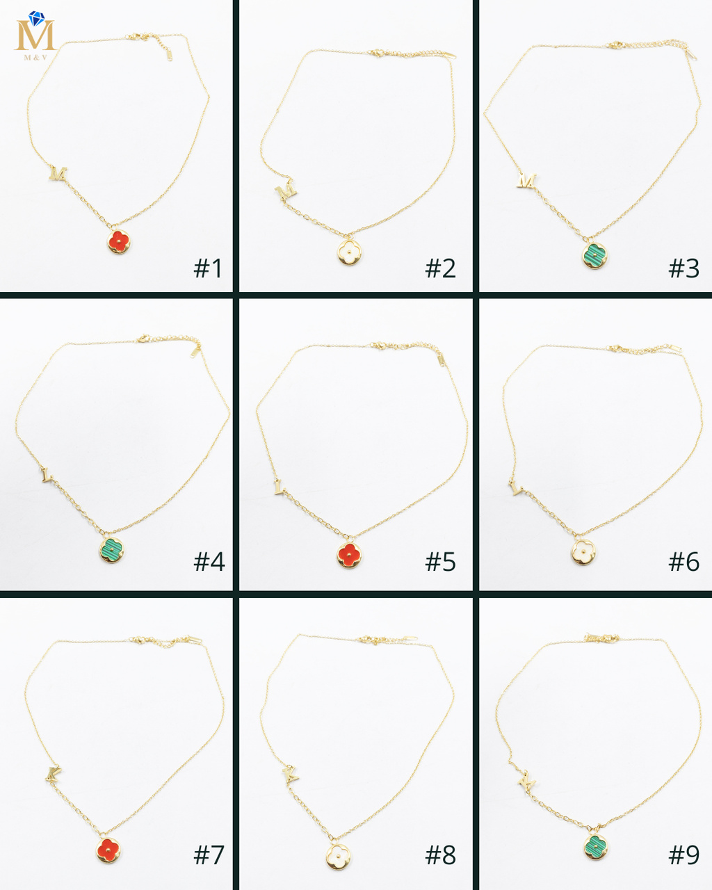 Collares Dorados con dijes de letra M,L,K y dije de Trebol M4 Oro Laminado