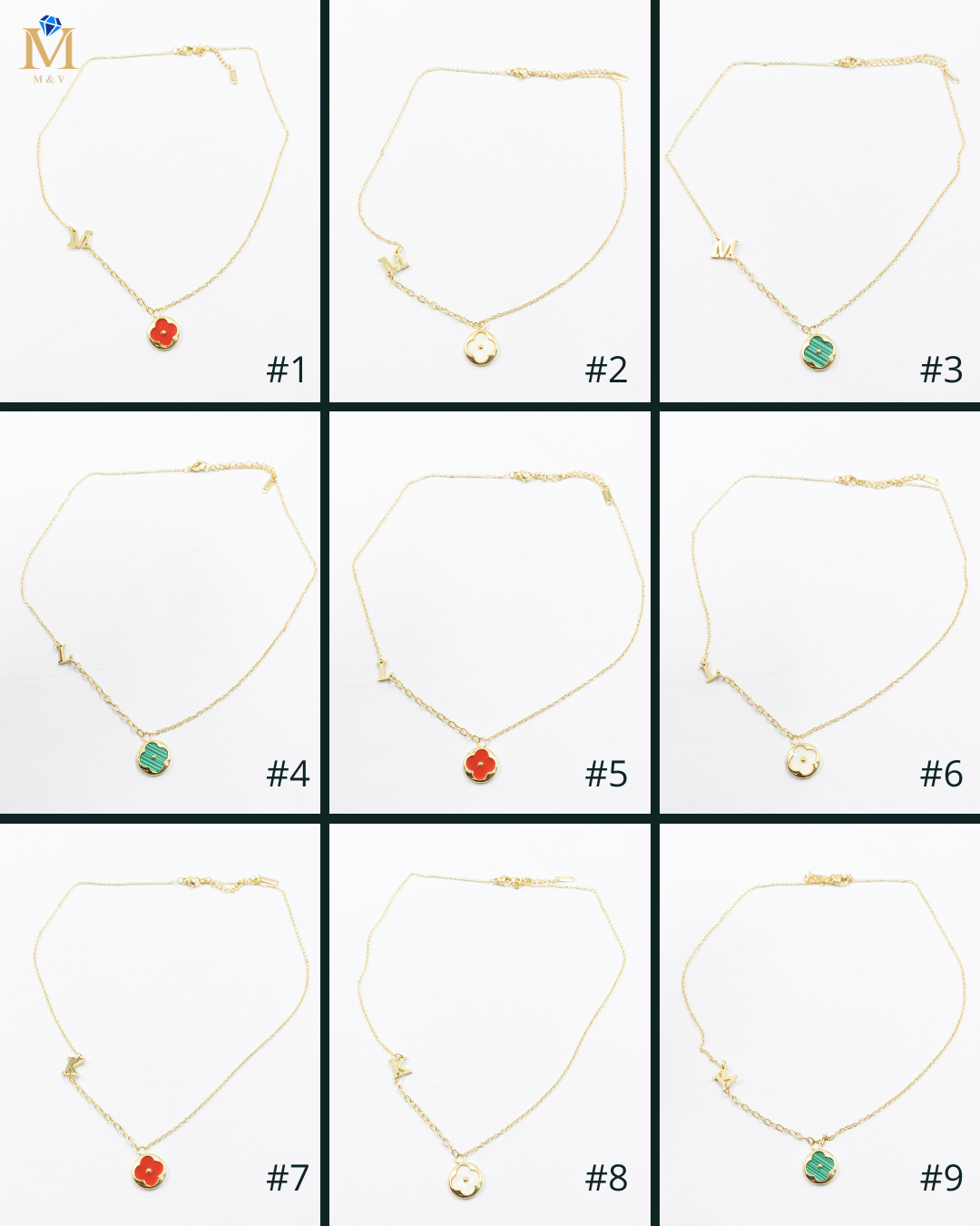 Collares Dorados con dijes de letra M,L,K y dije de Trebol M4 Oro Laminado