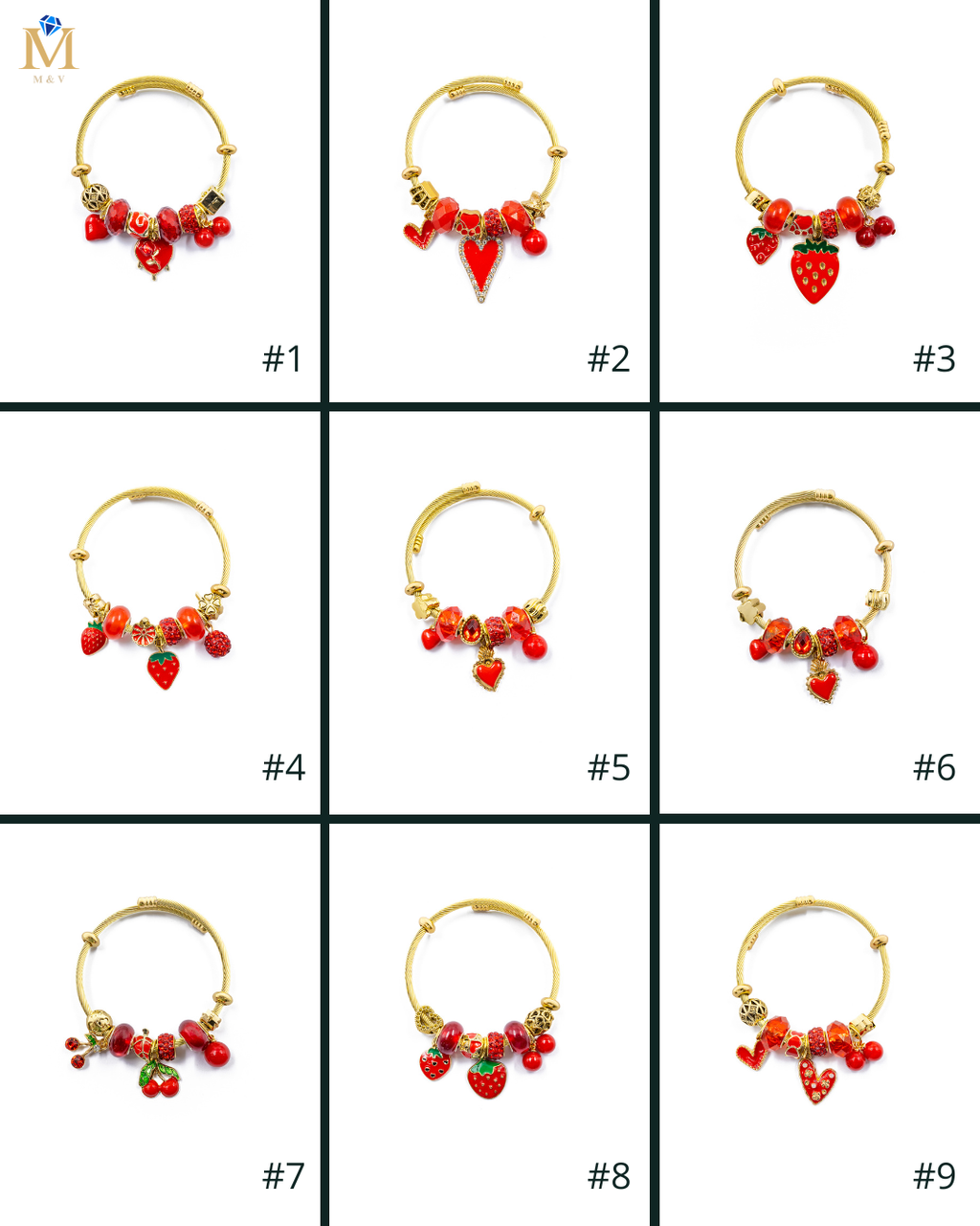 PULSERA DE PERLAS CON DIJE DE FRUTAS - M5 ORO LAMINADO