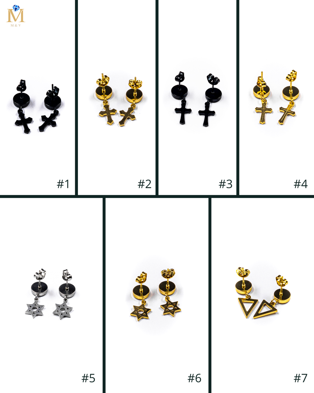 Aretes Dorados, Plateados y negros con dije colgante - M1 Acero Inoxidable