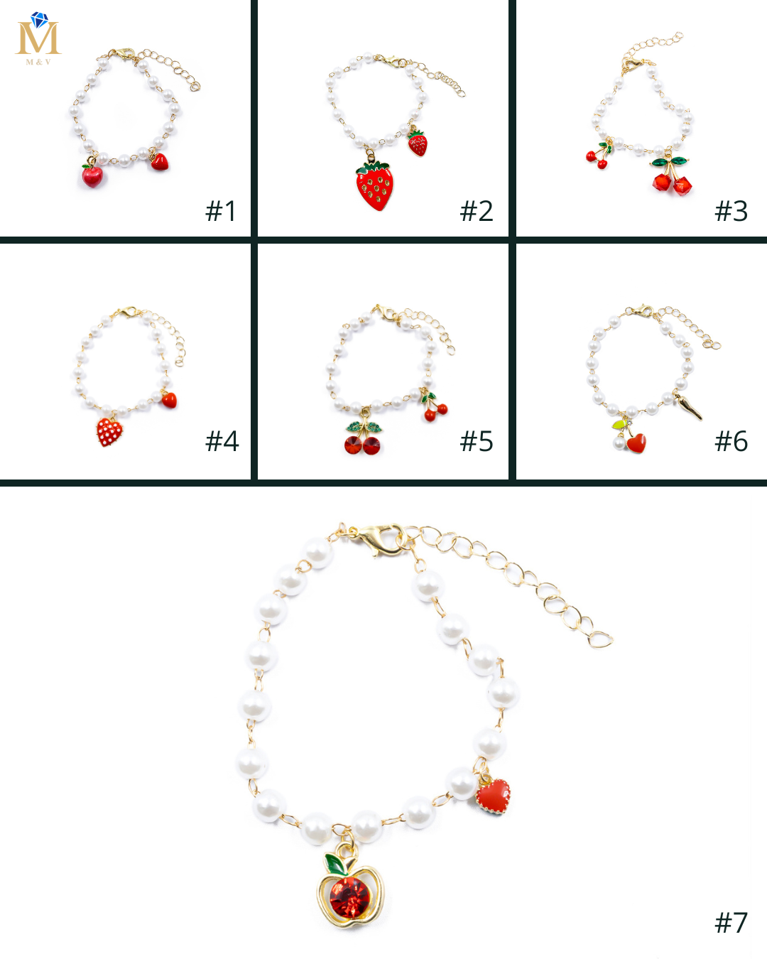 PULSERA DE PERLAS CON DIJE DE FRUTAS - M1 ORO LAMINADO
