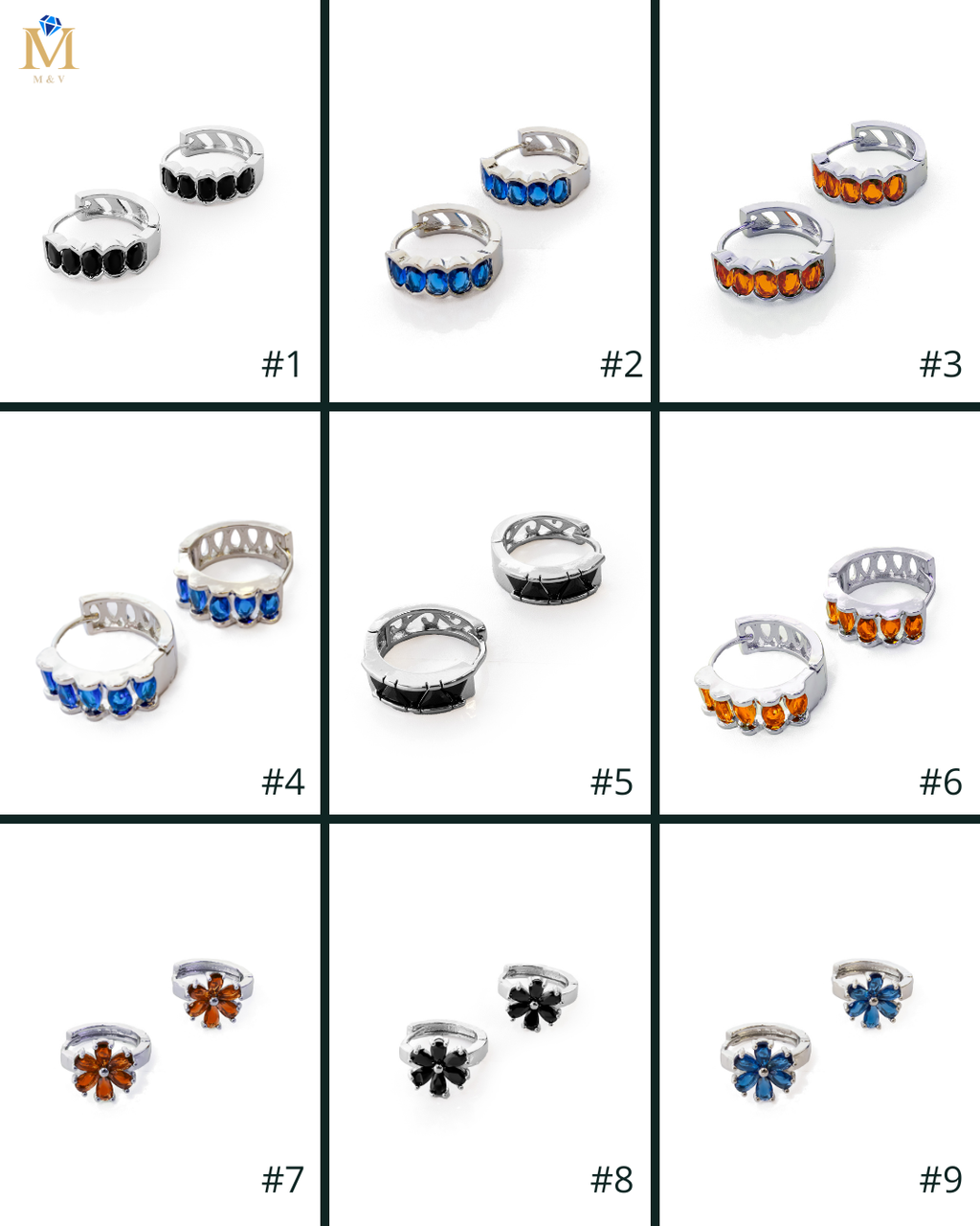 Aretes Plateados Huggies con Piedras Diferentes Colores M16 Oro Laminado