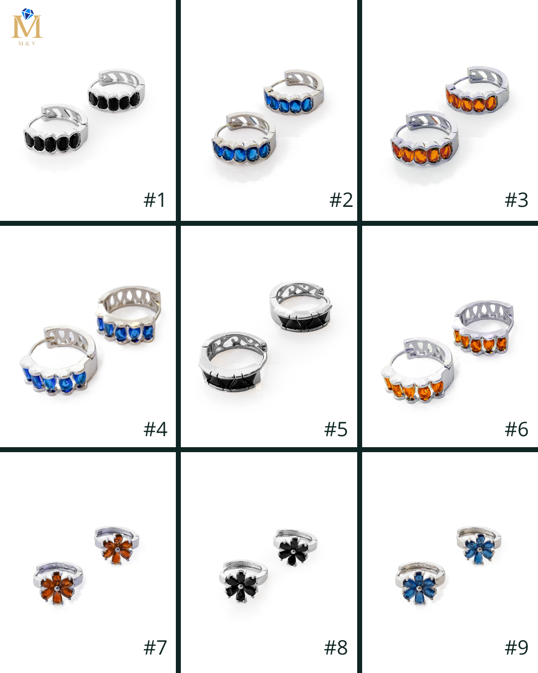 Aretes Plateados Huggies con Piedras Diferentes Colores M16 Oro Laminado