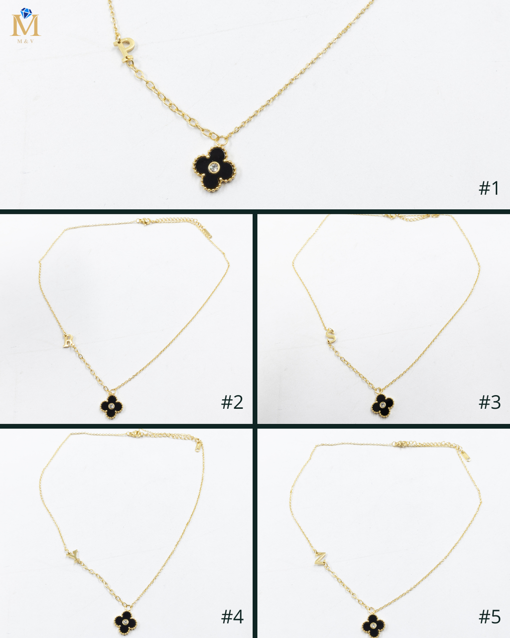 Collar de Dije de Trebol y letras M9 Oro Laminado