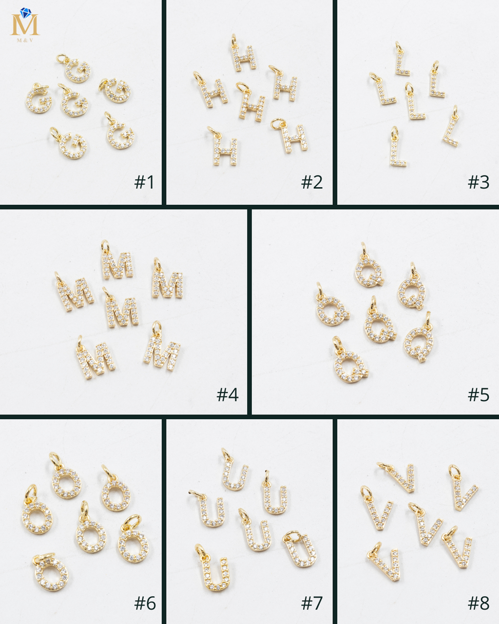Paquete de 6 Dijes de Letras con piedras M2 Oro Laminado