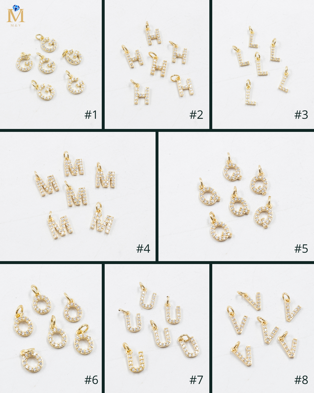 Paquete de 6 Dijes de Letras con piedras M2 Oro Laminado