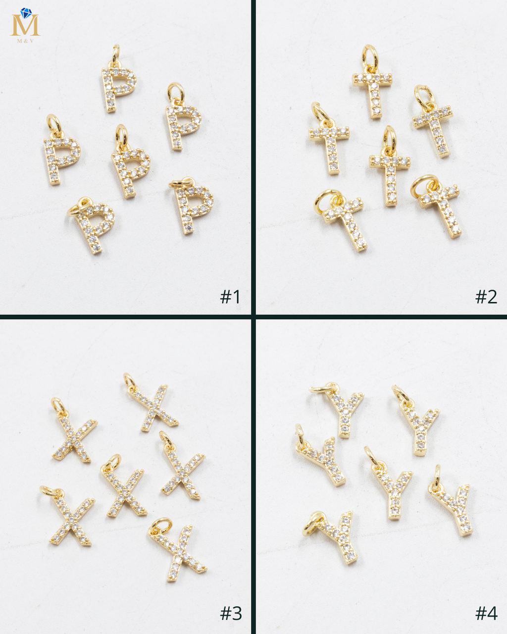 Paquete de 6 Dijes de Letras con piedras M3 Oro Laminado
